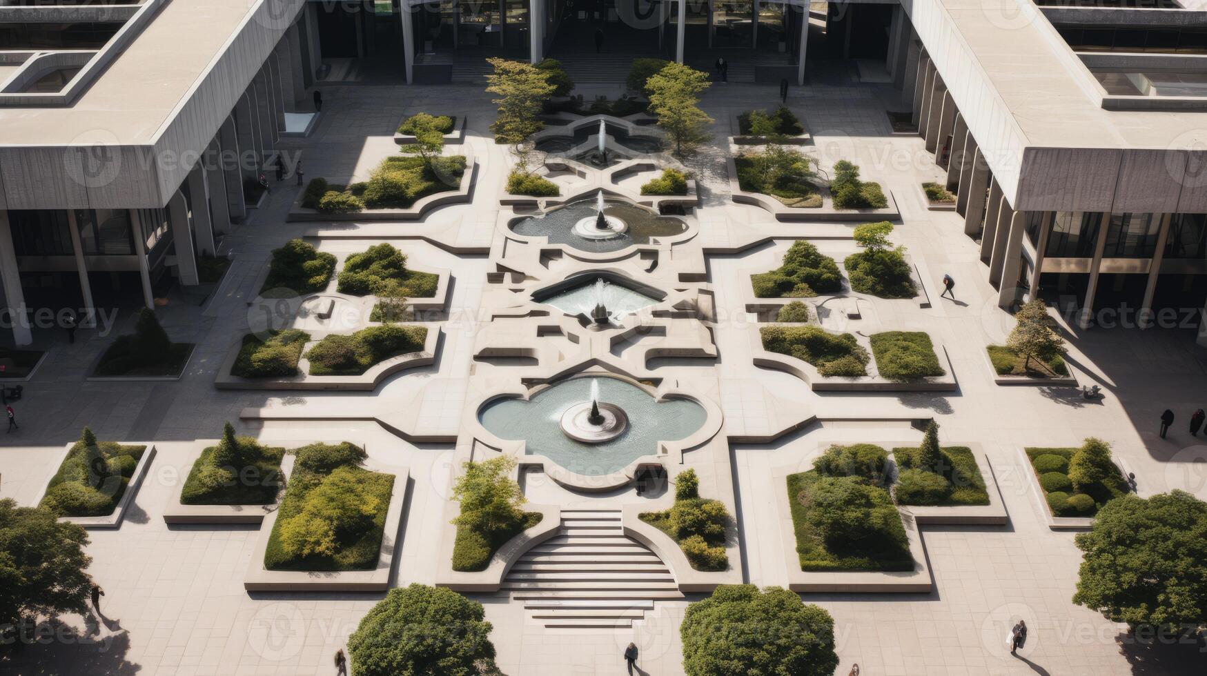 AI generated Overhead view of symmetrical brutalist plaza. Generative AI photo