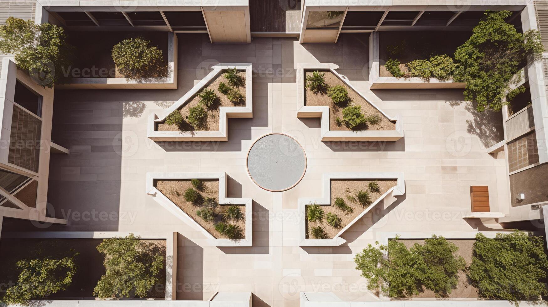 AI generated Overhead view of symmetrical brutalist courtyard. Generative AI photo