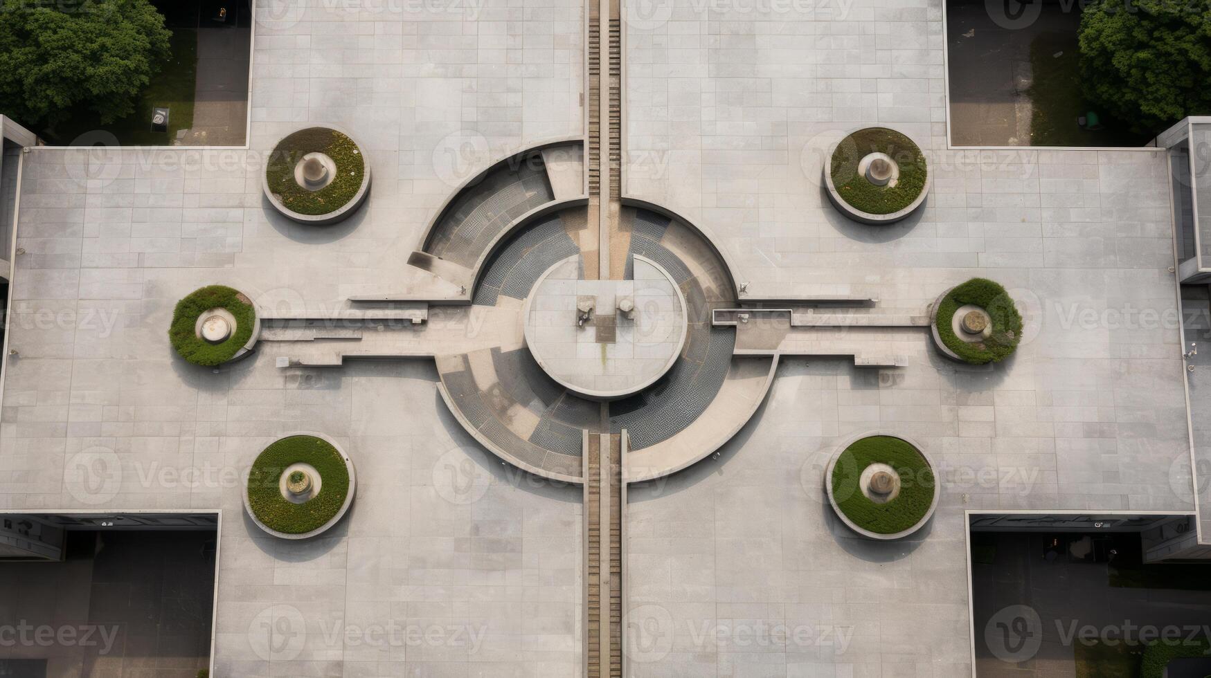 AI generated An overhead view of a symmetrical brutalist plaza. Generative AI photo