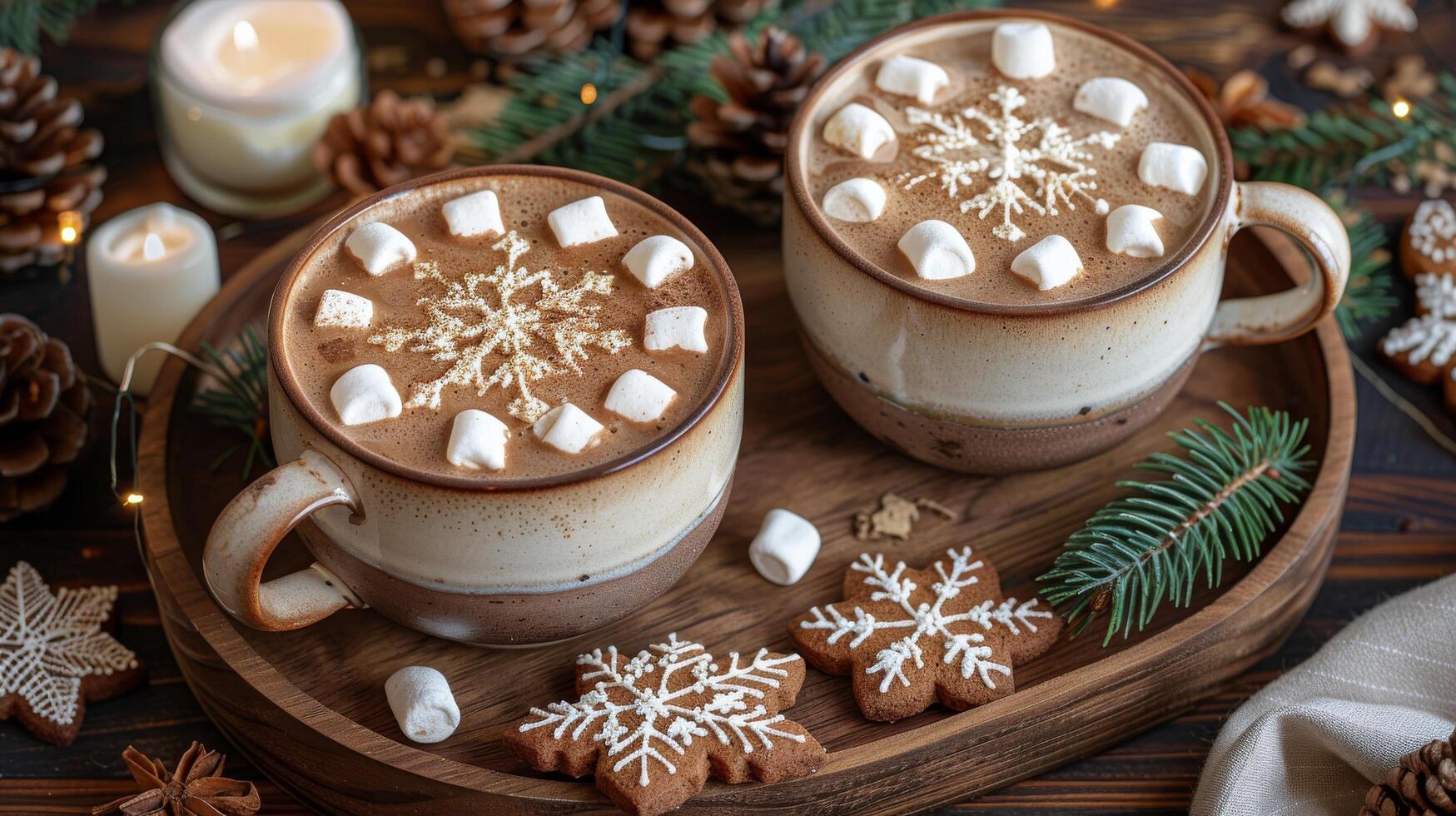 AI generated Two Mugs of Hot Chocolate With Marshmallows and Christmas Decorations photo