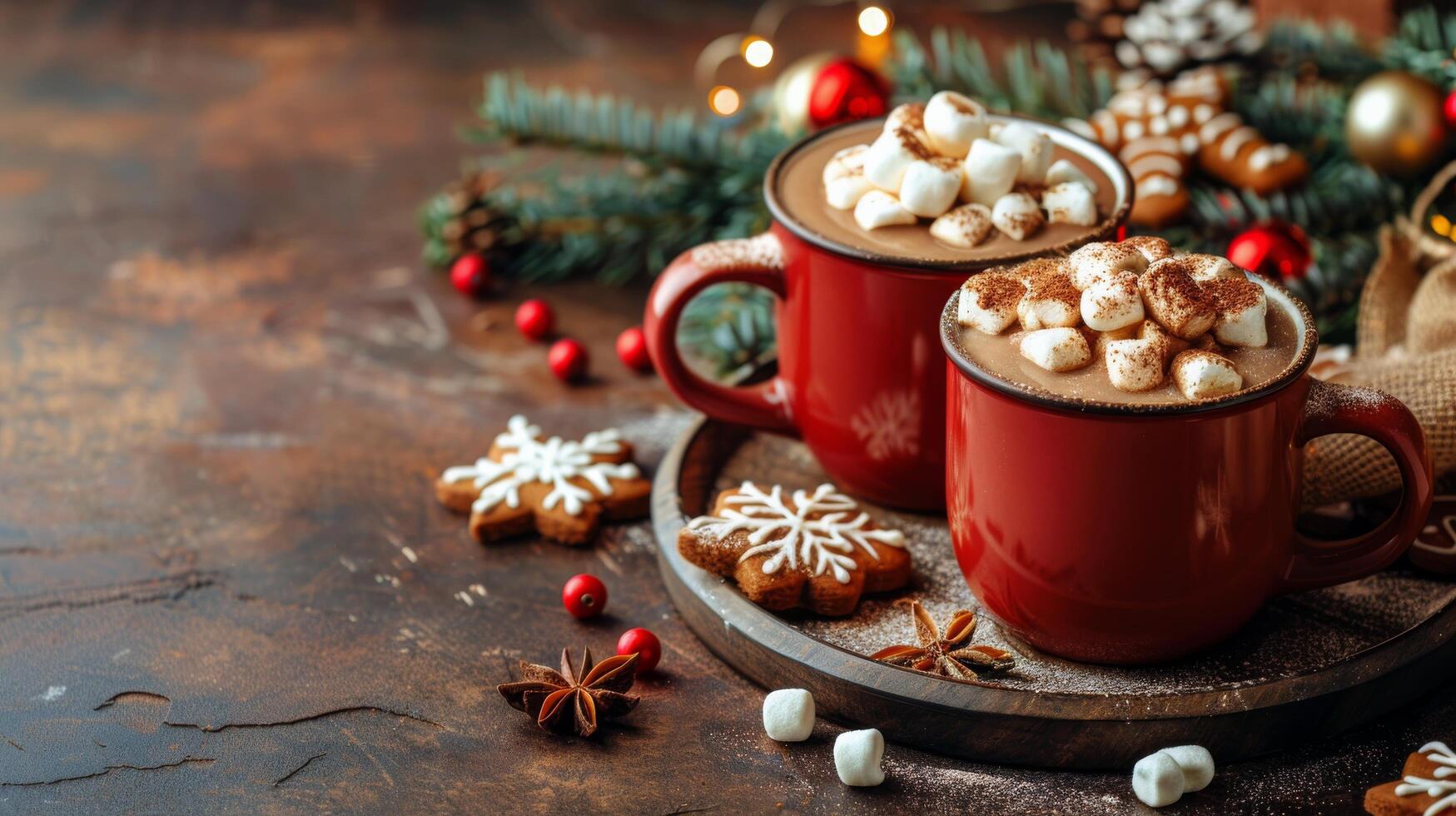 AI generated Two Mugs of Hot Chocolate With Marshmallows and Christmas Decorations photo