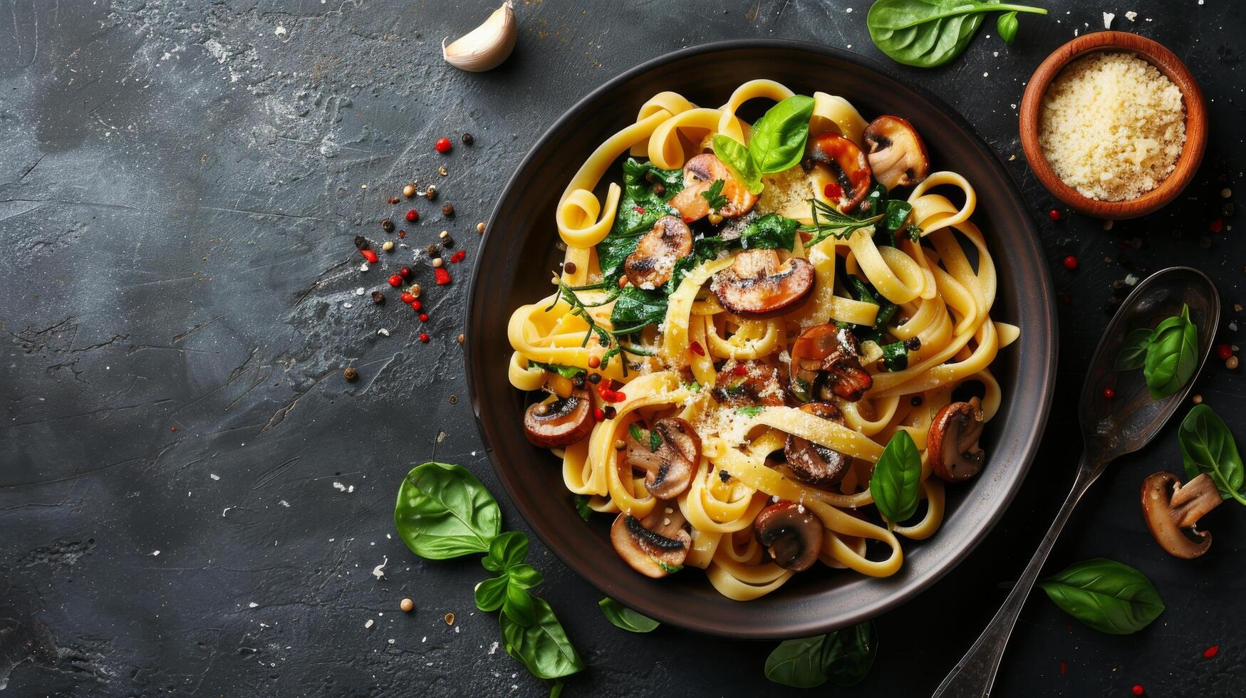 AI generated Wooden Bowl Filled With Pasta and Vegetables photo