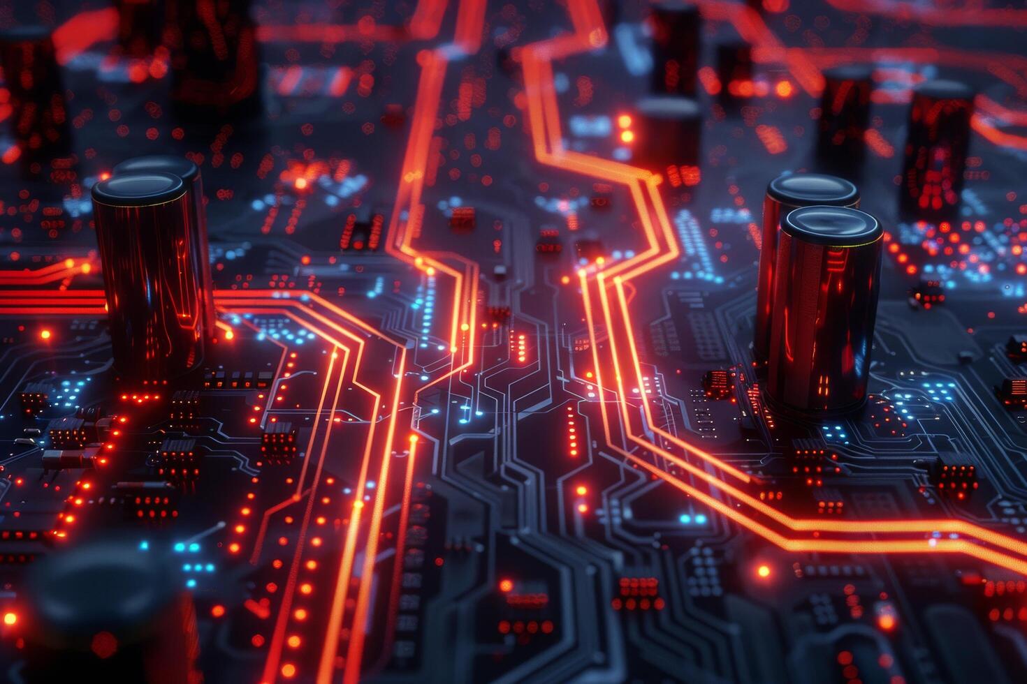 AI generated Computer Circuit Board Illuminated With Neon Lights photo