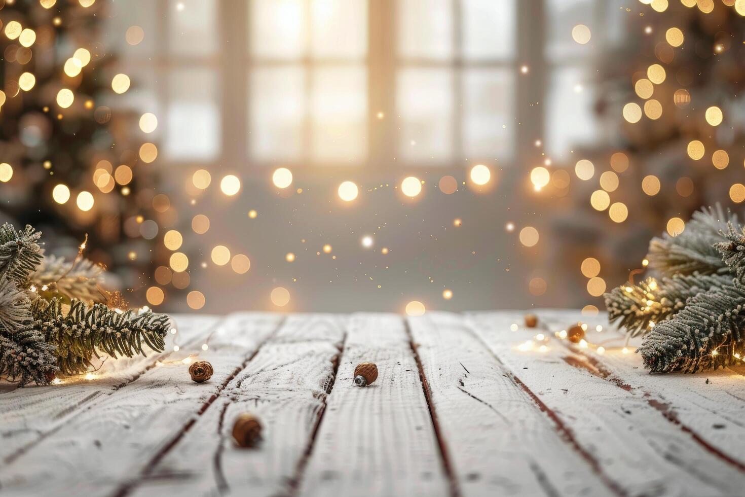 ai generado de madera mesa con Navidad árbol en antecedentes foto