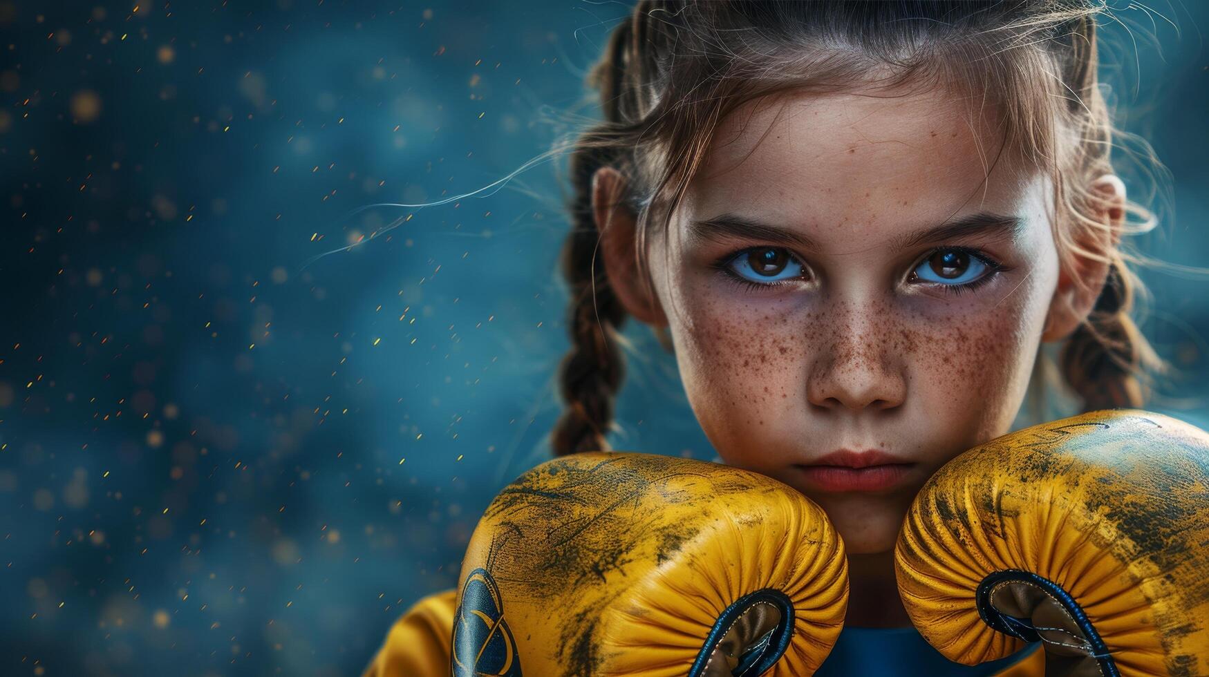 AI generated Young Girl With Blue Eyes Wearing Yellow Boxing Gloves photo