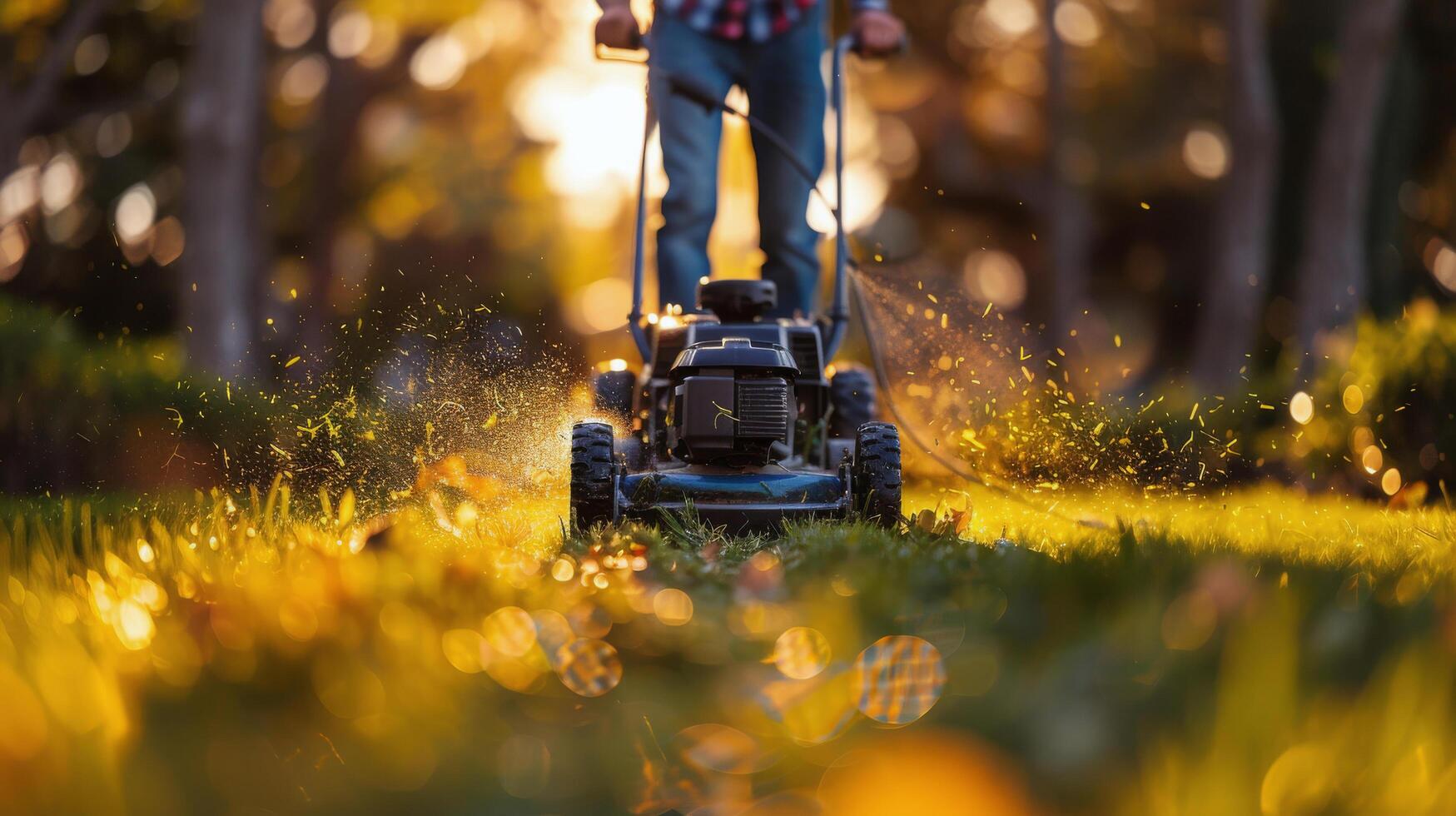 AI generated Man Mowing Grass With Lawnmower photo