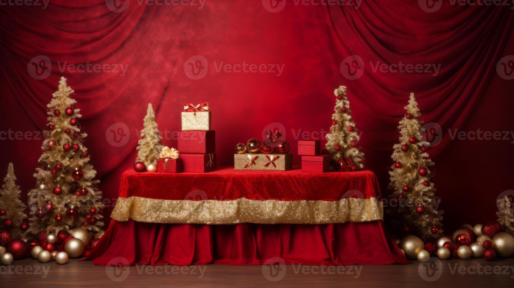 AI generated Festive red and gold christmas backdrop. Generative AI photo
