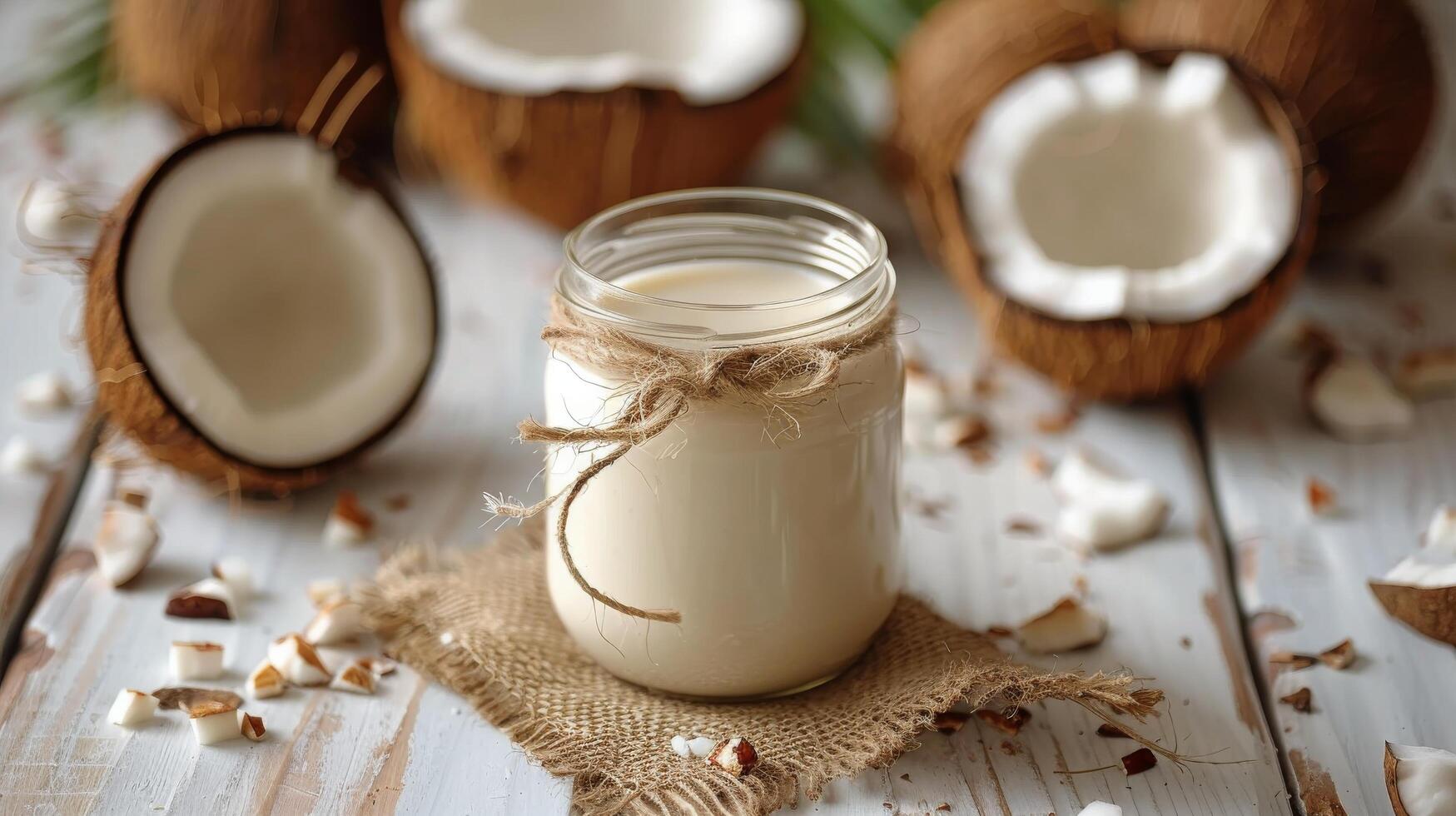 AI generated Jar of Coconut Milk Surrounded by Coconuts photo