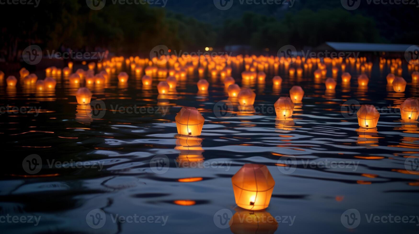 AI generated Glowing lanterns floating on a calm river. Generative AI photo