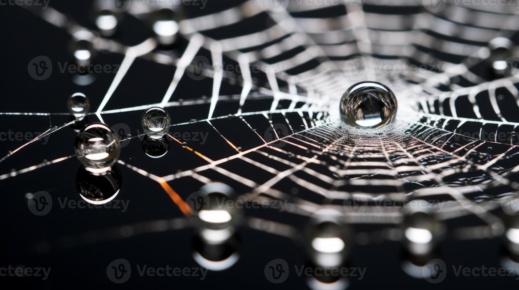 AI generated Hyper zoom macro of a water droplet on a spiderweb. Generative AI photo