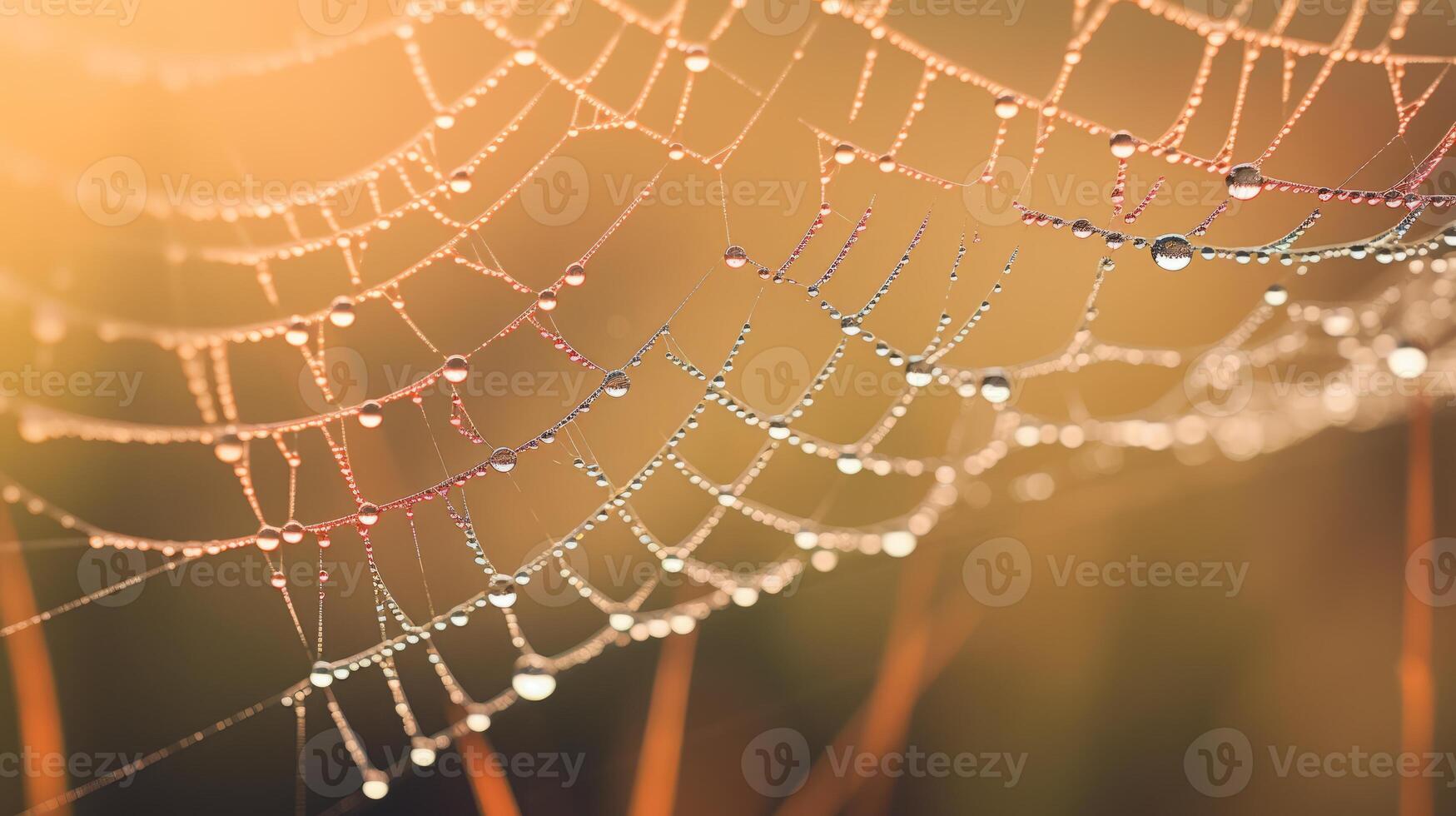 AI generated Hyper zoom shot of a dewy spiderweb in the morning. Generative AI photo