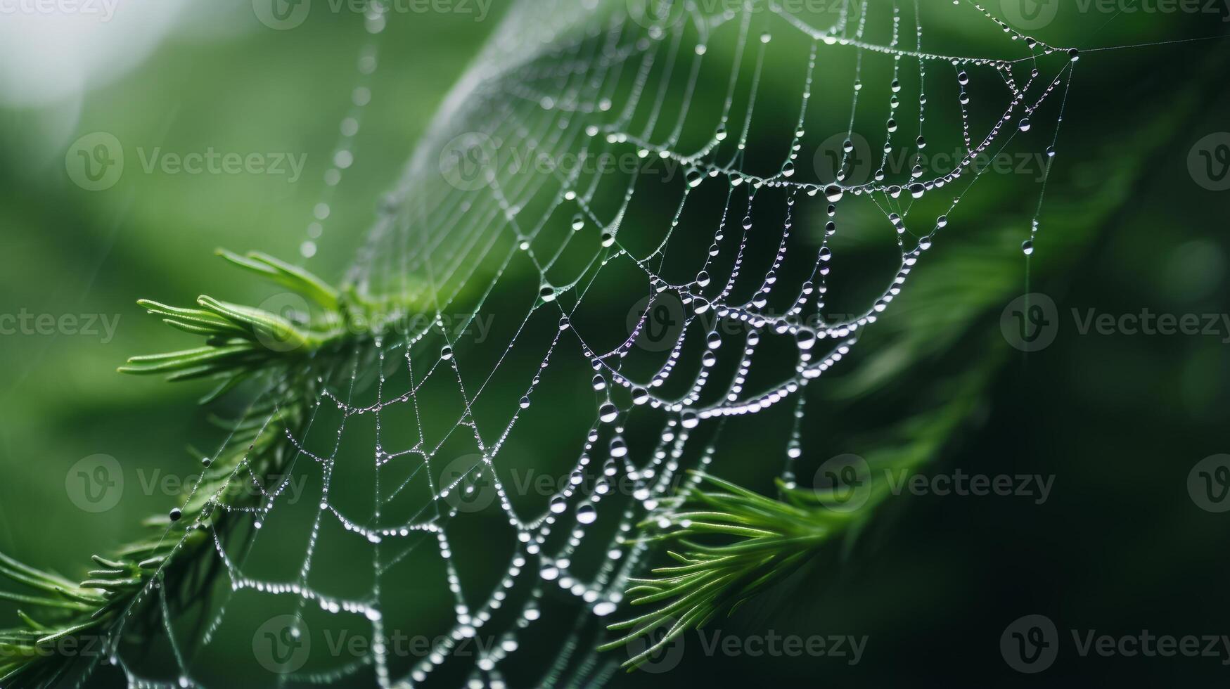 AI generated Hyper zoom shot of a spiderweb covered in morning dew. Generative AI photo