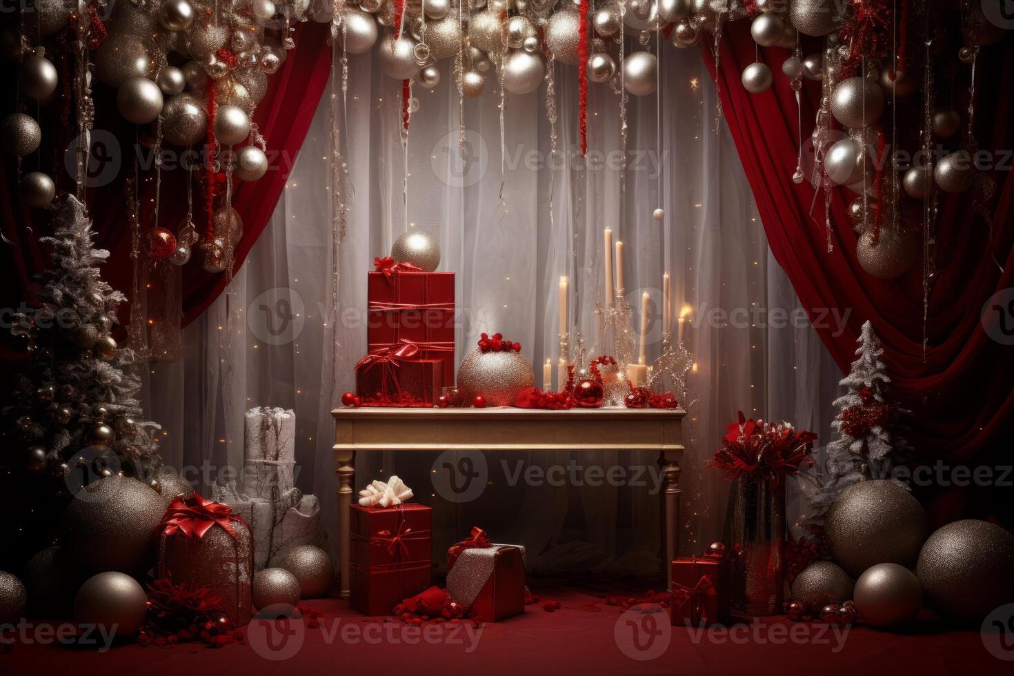 AI generated Merry christmas setup with sparkling. Generative AI photo