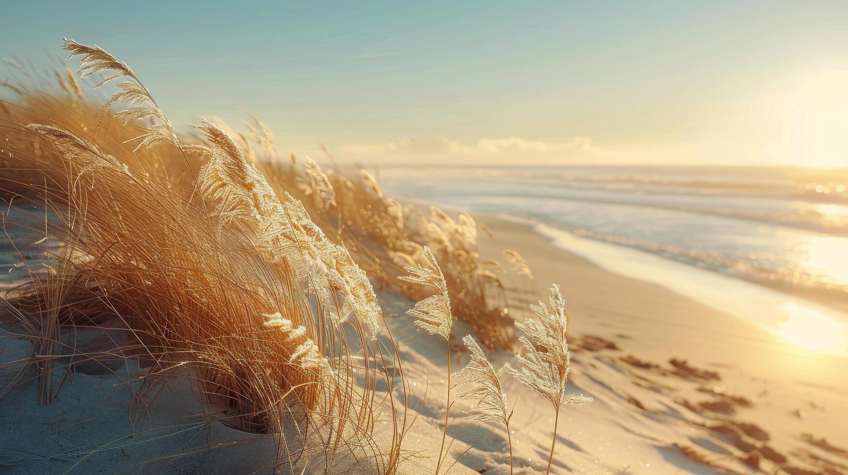 AI generated Snow-covered Beach With Grass by the Ocean photo