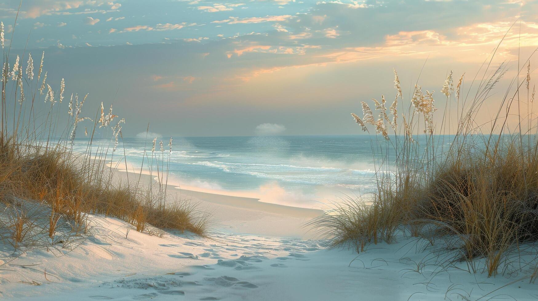 AI generated Setting Sun Over Beach With Sea Oats photo