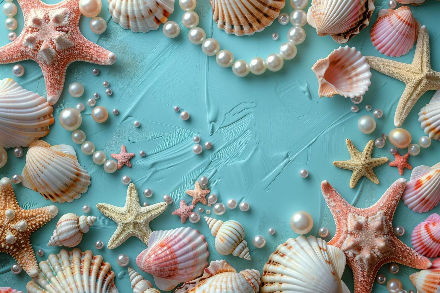 AI generated Sea Shells and Pearls on Blue Background photo