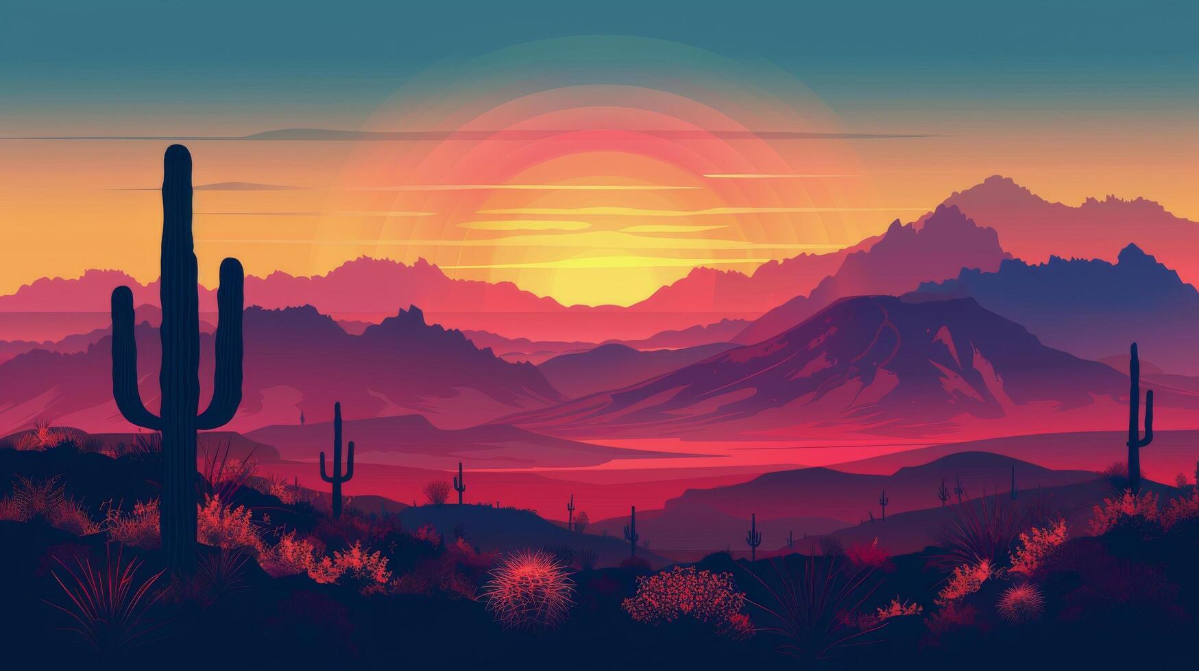 AI generated Desert Sunset With Cactus photo