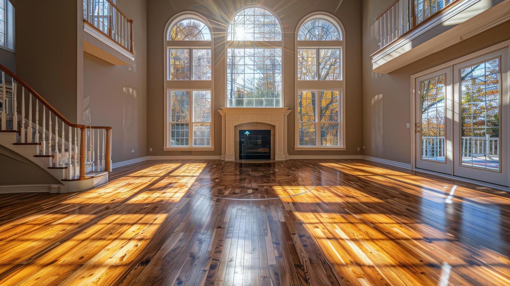 AI generated Empty Room With Large Windows and Wood Floor photo