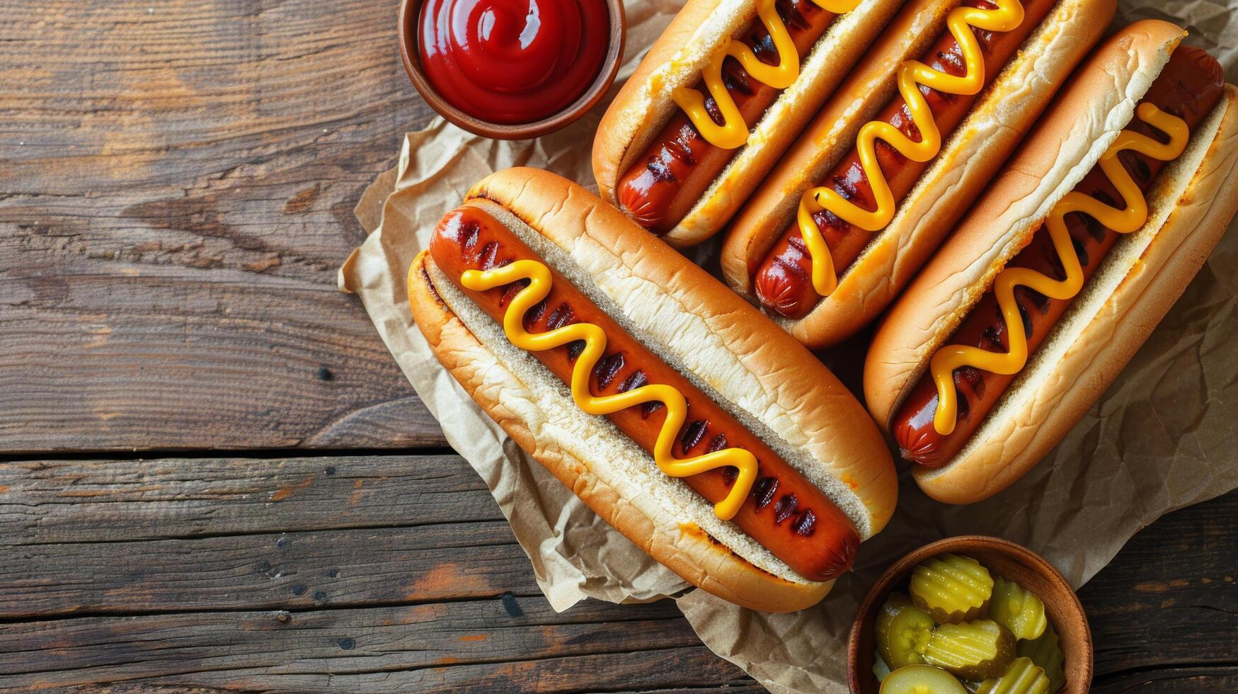 ai generado Tres caliente perros con mostaza y salsa de tomate en corte tablero foto