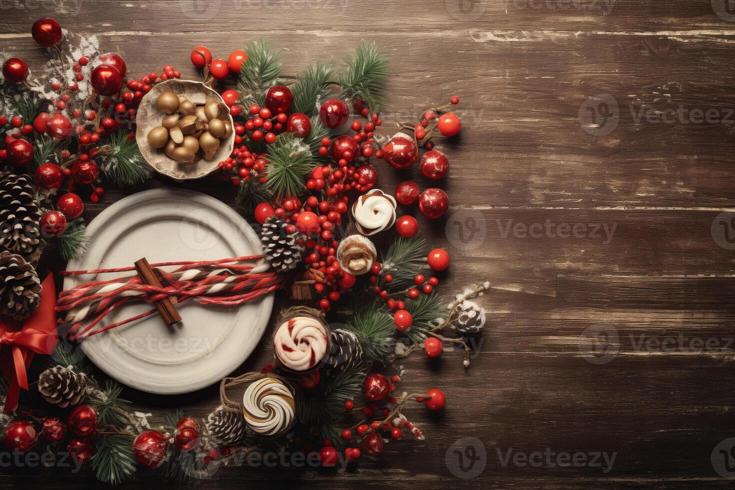AI generated Top flat lay perspective timeless holiday adornments. Generative AI photo
