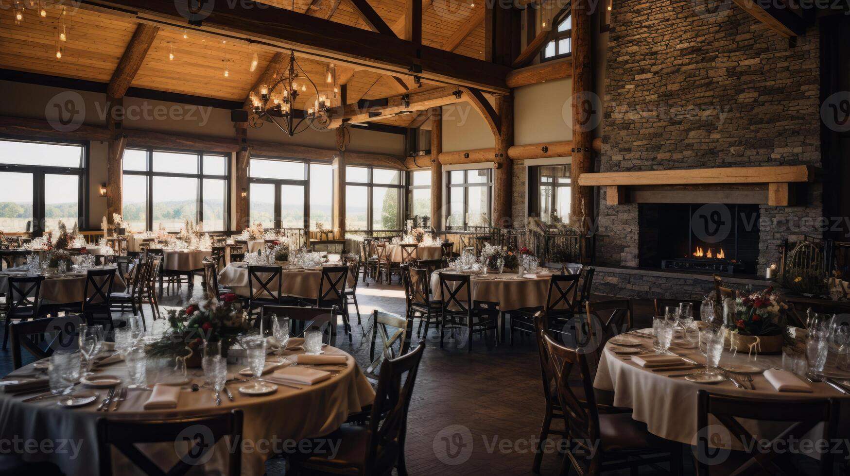 AI generated Wedding reception venue with rustic charm. Generative AI photo