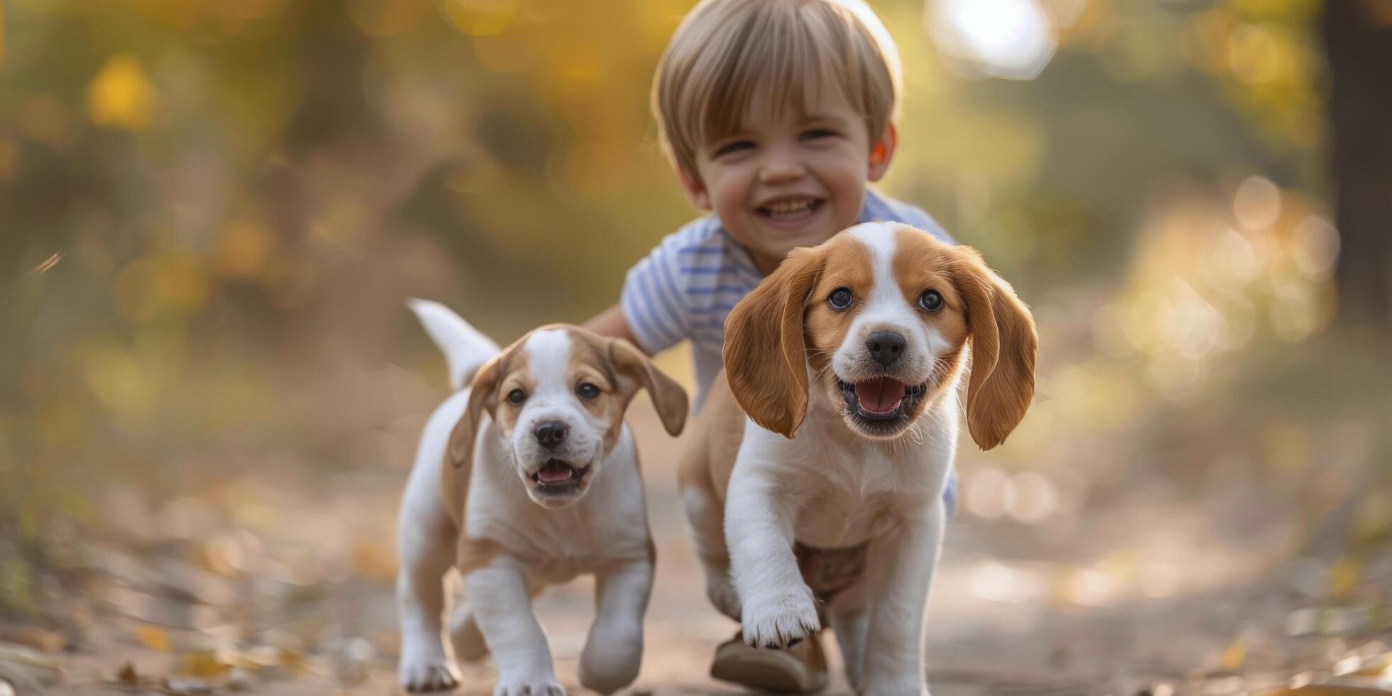 AI generated Little Boy Walking With Dog in Woods photo