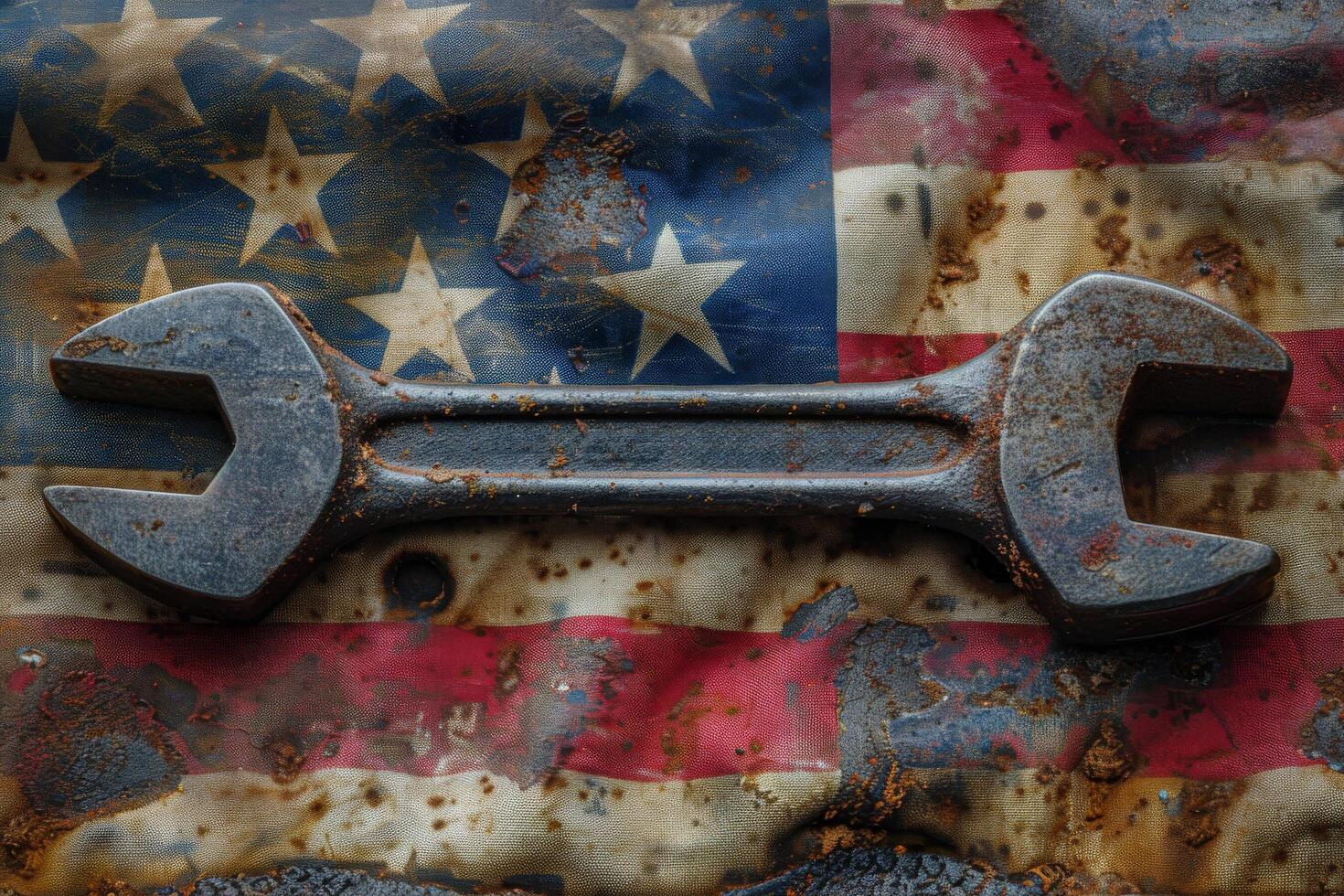 AI generated Wrench on Worn American Flag photo