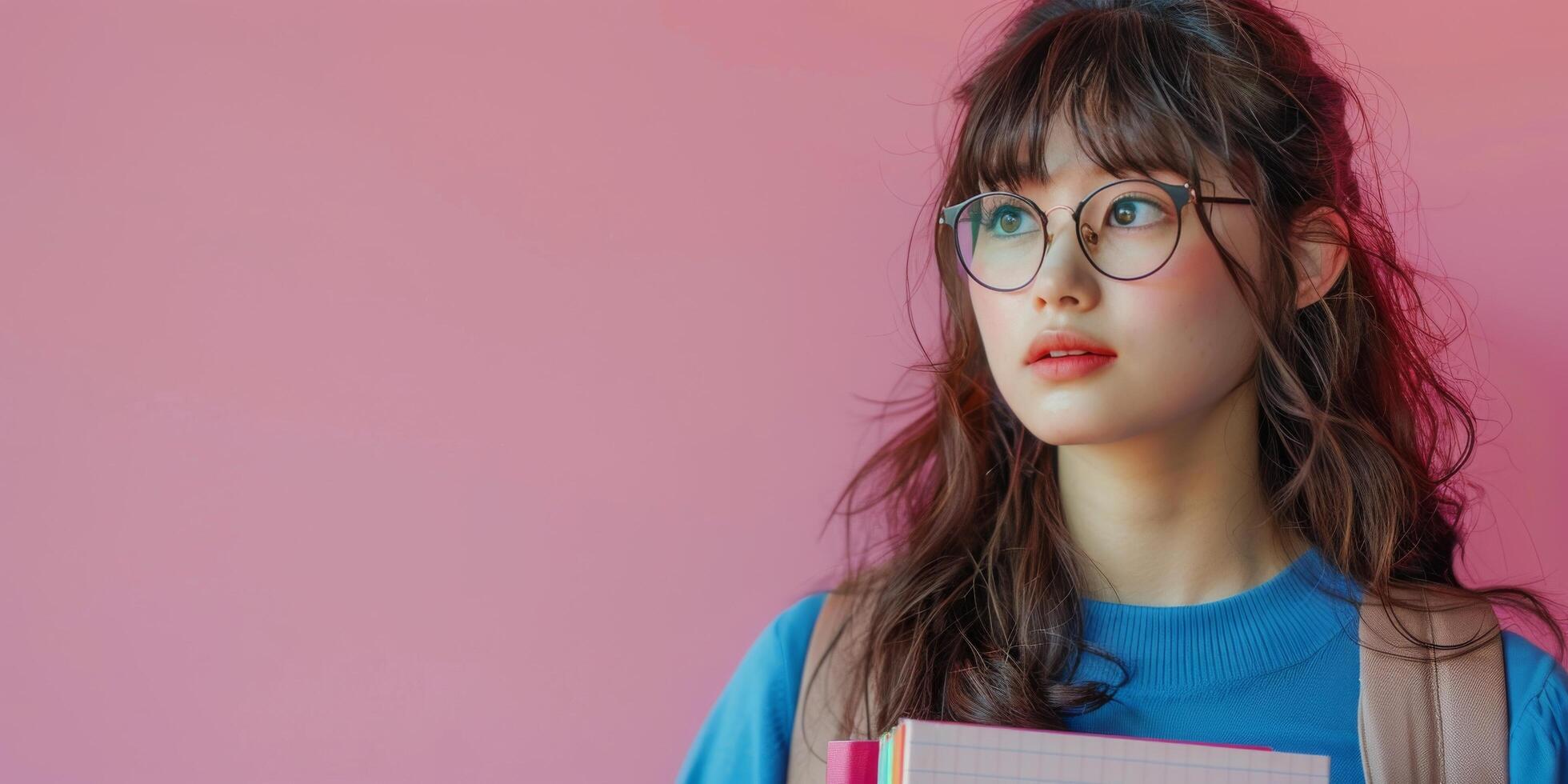 AI generated Girl With Glasses Holding Book in Front of Pink Wall photo