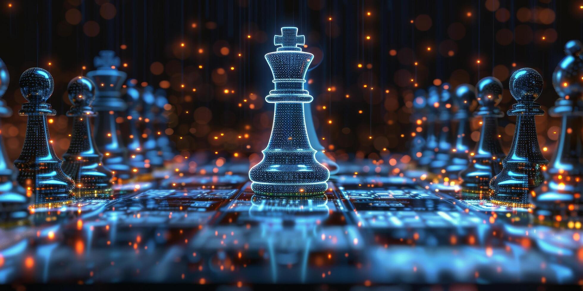 AI generated Glowing Chess Pieces on Chess Board photo
