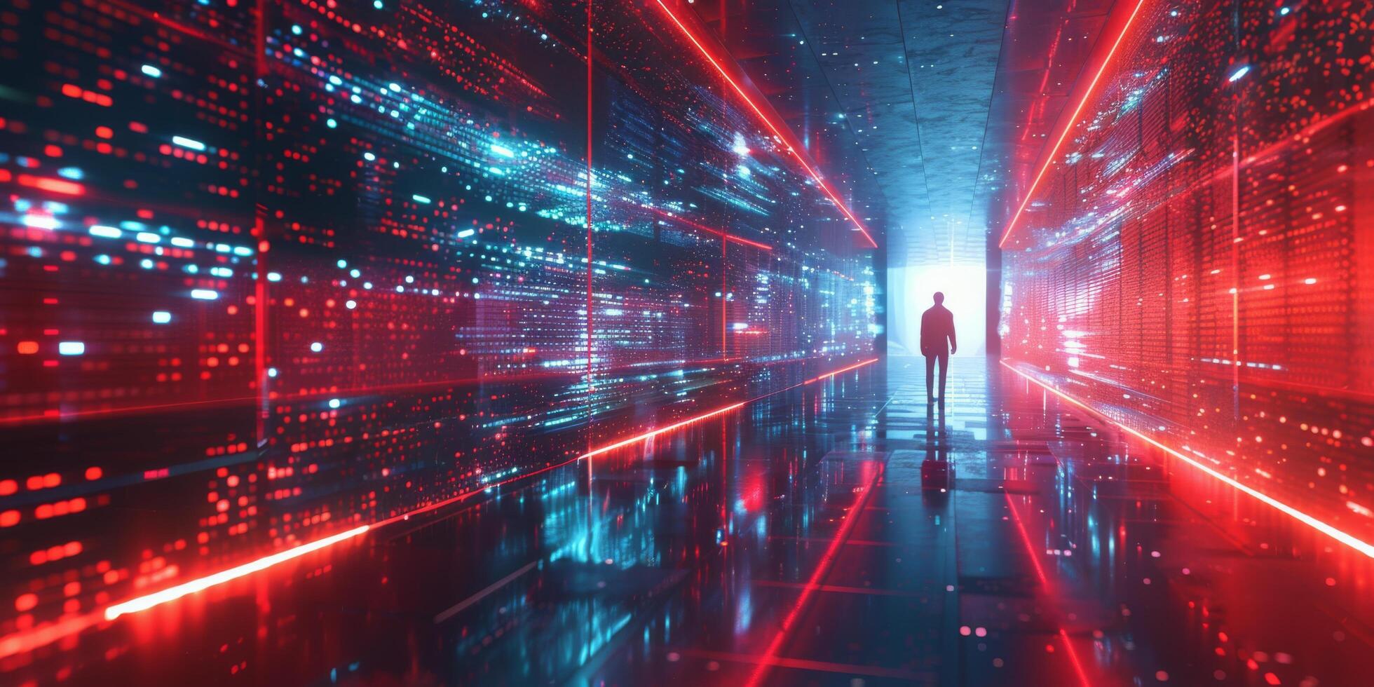 AI generated Man Standing in Red and Blue Light Tunnel photo