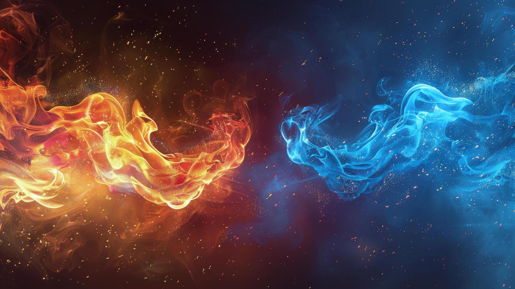 AI generated Two Blue and Yellow Fire Flames on Black Background photo