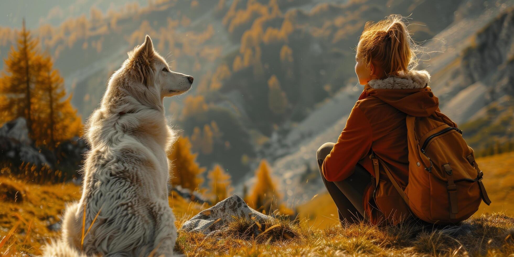 AI generated Woman Sitting on Hill With Dog photo
