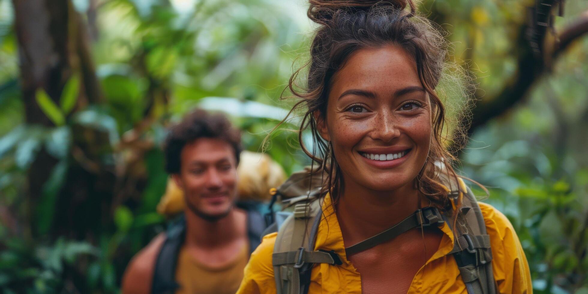 AI generated Man and Woman Walking Through Jungle photo