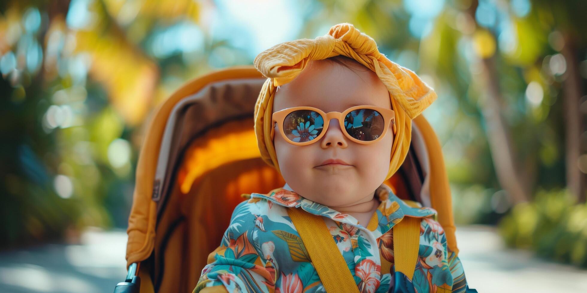 ai generado pequeño niño vistiendo Gafas de sol y amarillo venda foto