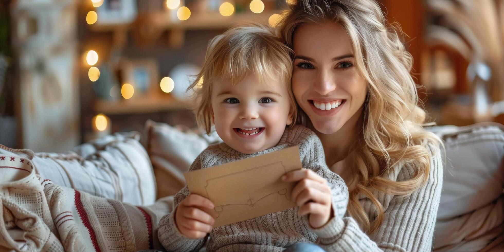 ai generado mujer y niño sentado en sofá foto