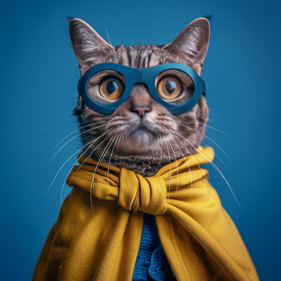 AI generated Cat in Yellow Cape and Blue Goggles photo