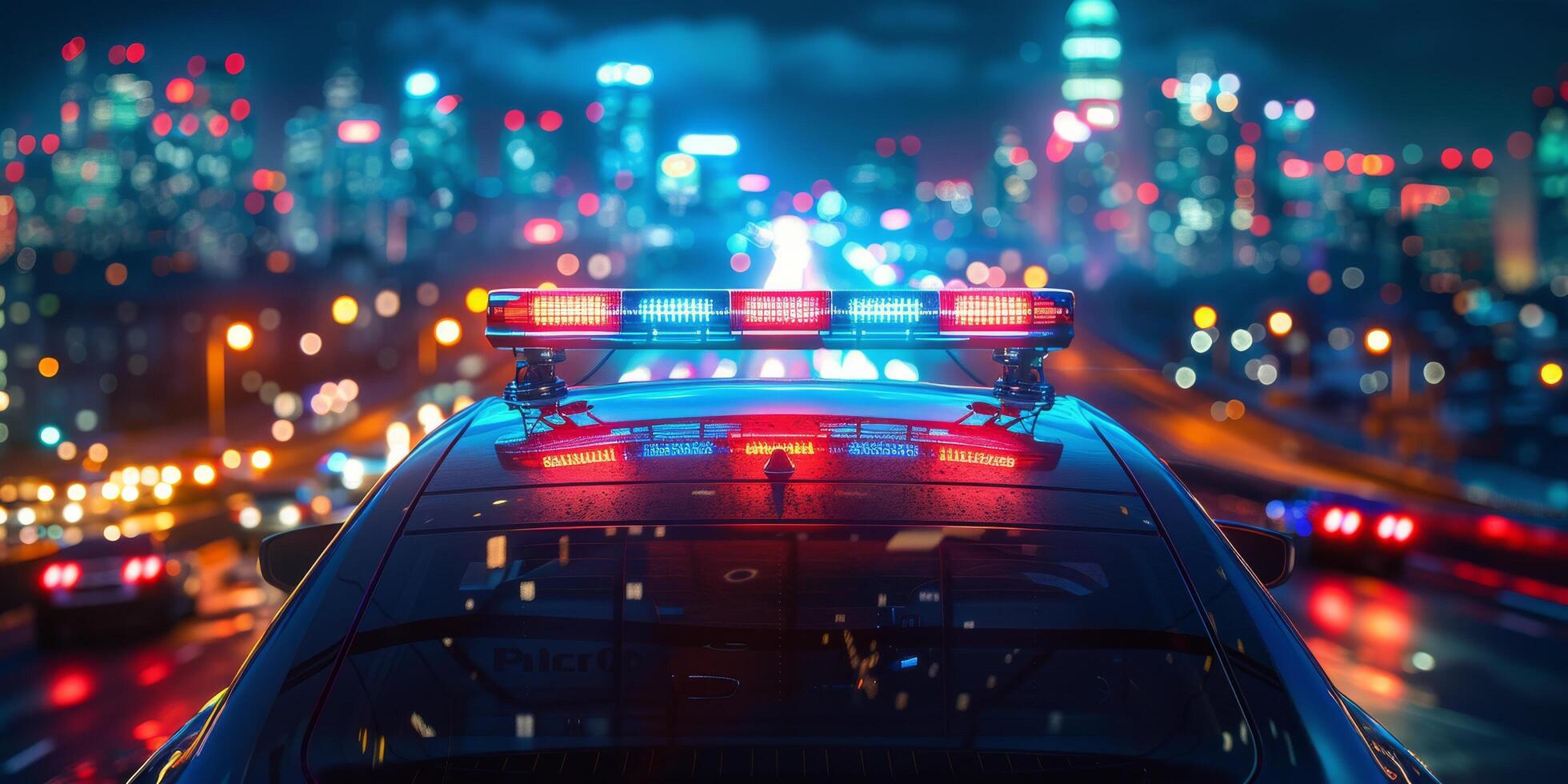 ai generado policía coche conducción mediante ciudad calles a noche foto