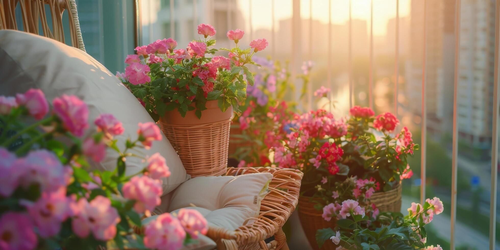 AI generated Flowers Arranged on a Balcony photo