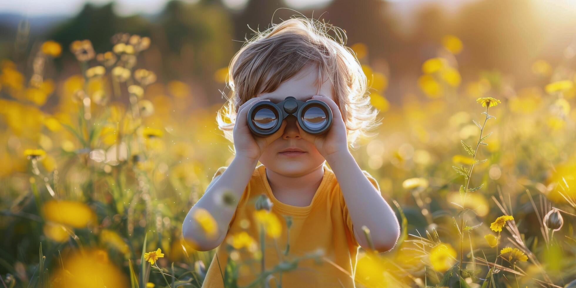 AI generated Little Girl Looking Through Binoculars in Woods photo