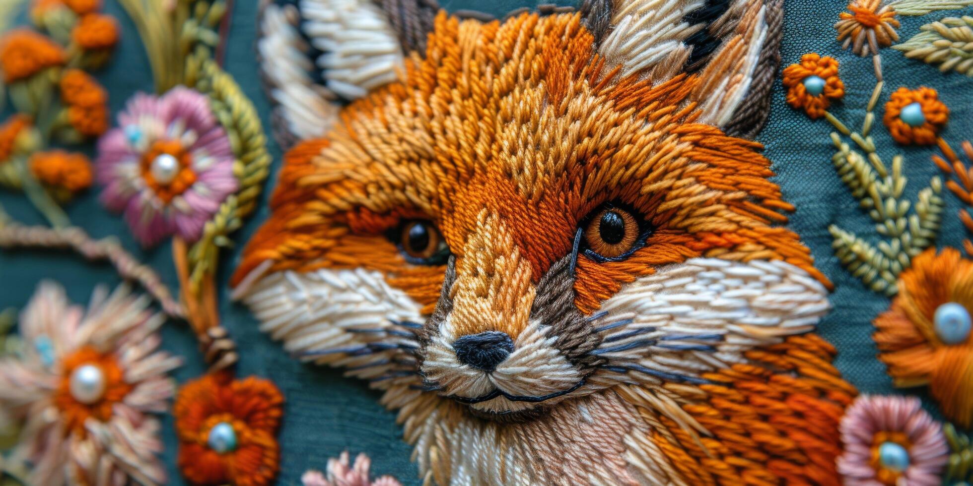 AI generated Intricate Embroidered Fox Head Close-Up photo