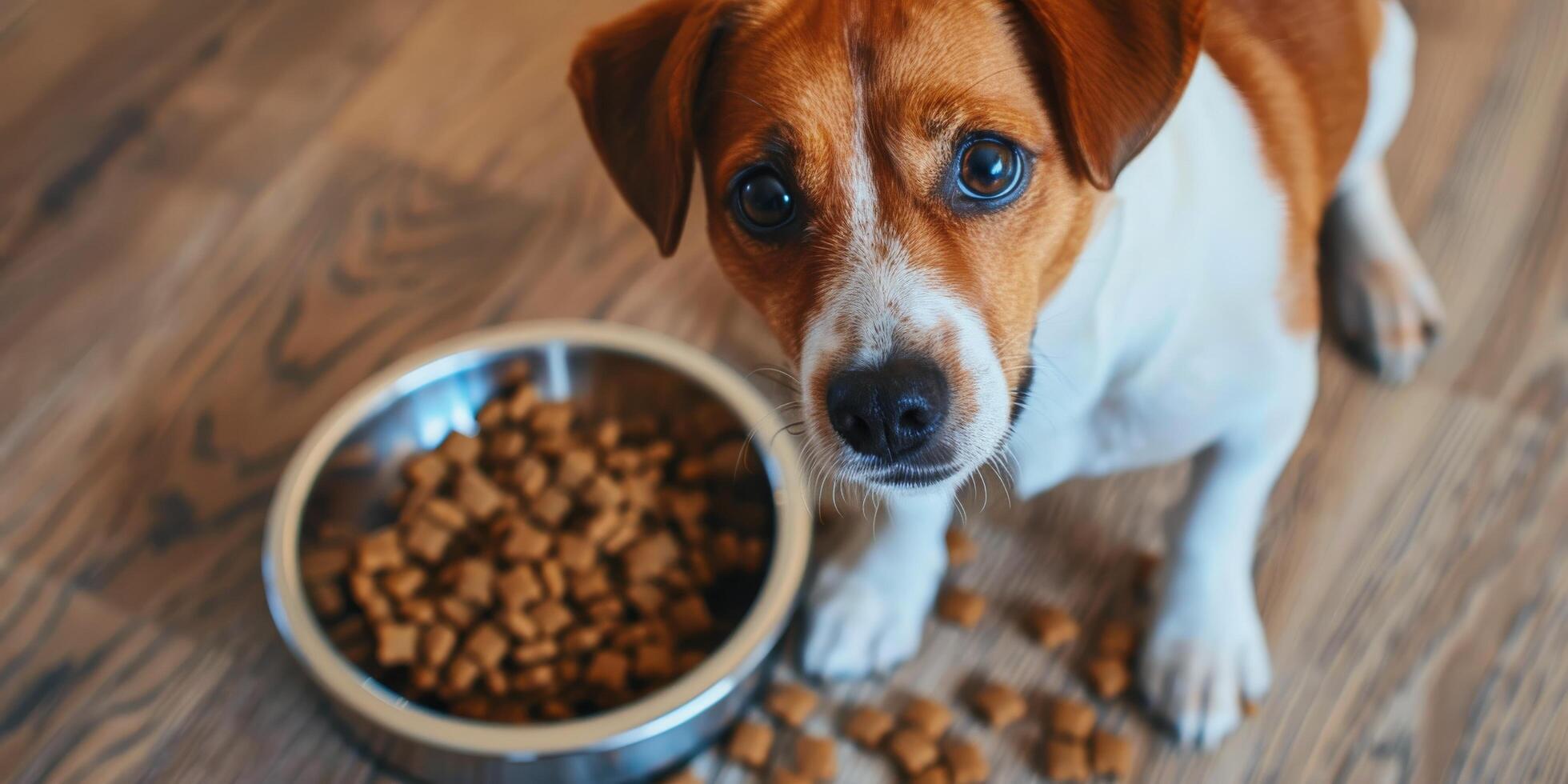 AI generated Brown and White Dog Standing Next to Food Bowl photo
