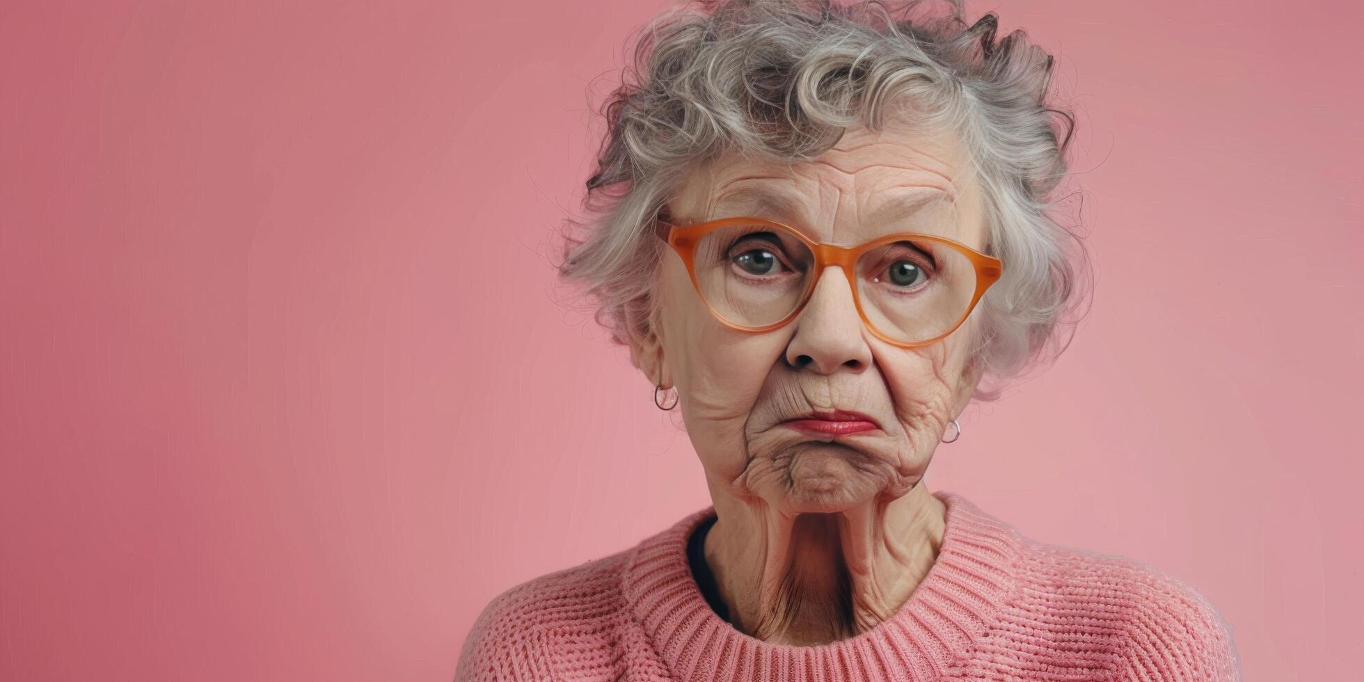 ai generado antiguo mujer en rosado suéter con lentes foto