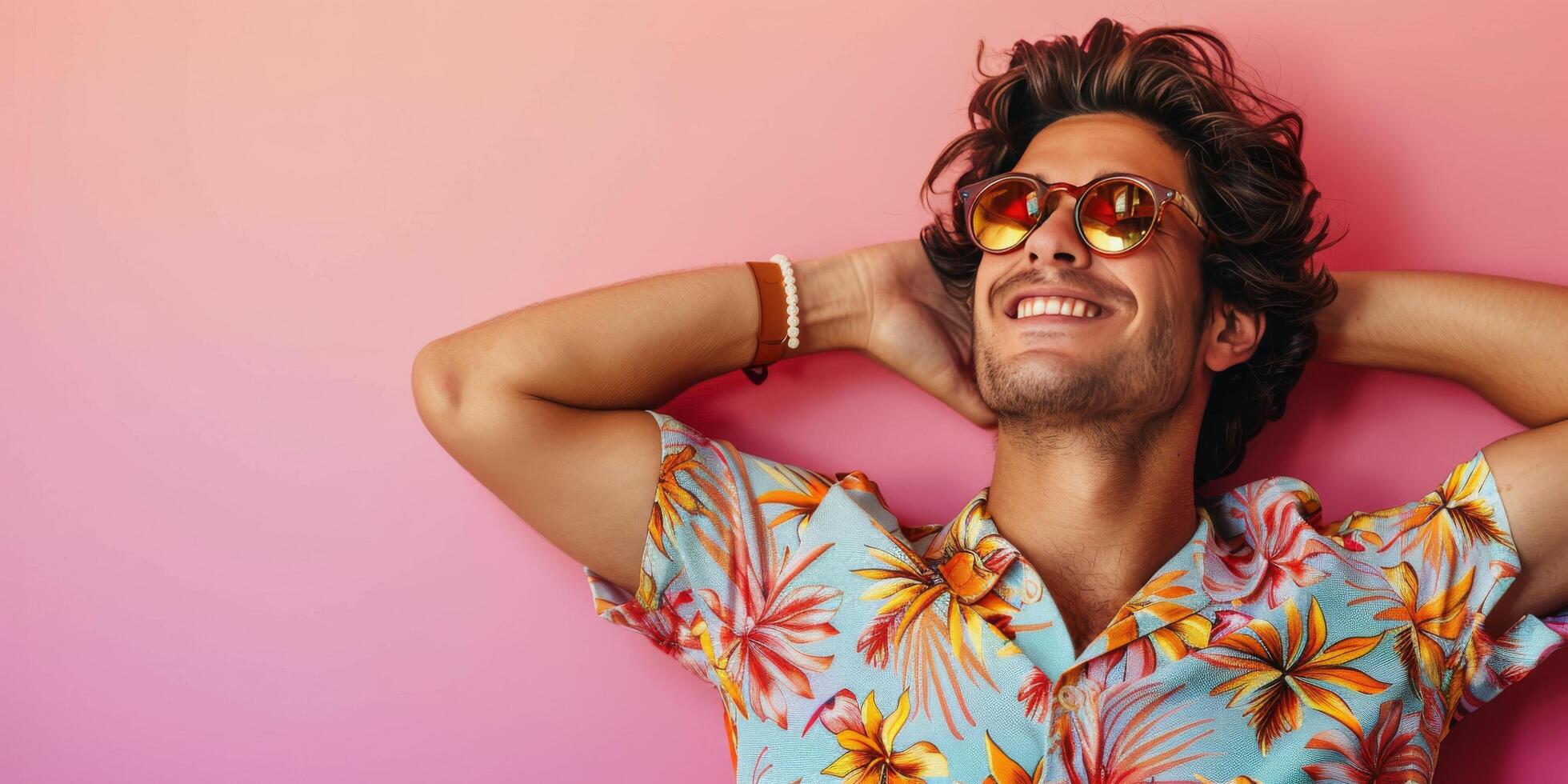 ai generado hombre en hawaiano camisa y Gafas de sol foto