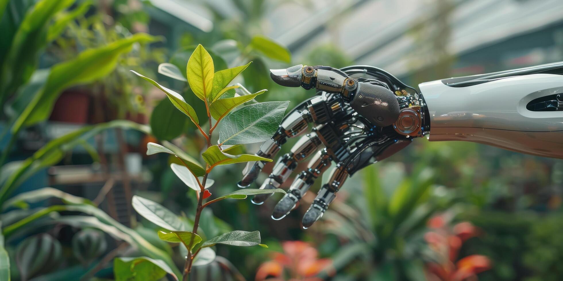 AI generated Robotic Hand Holding Plant in Greenhouse photo