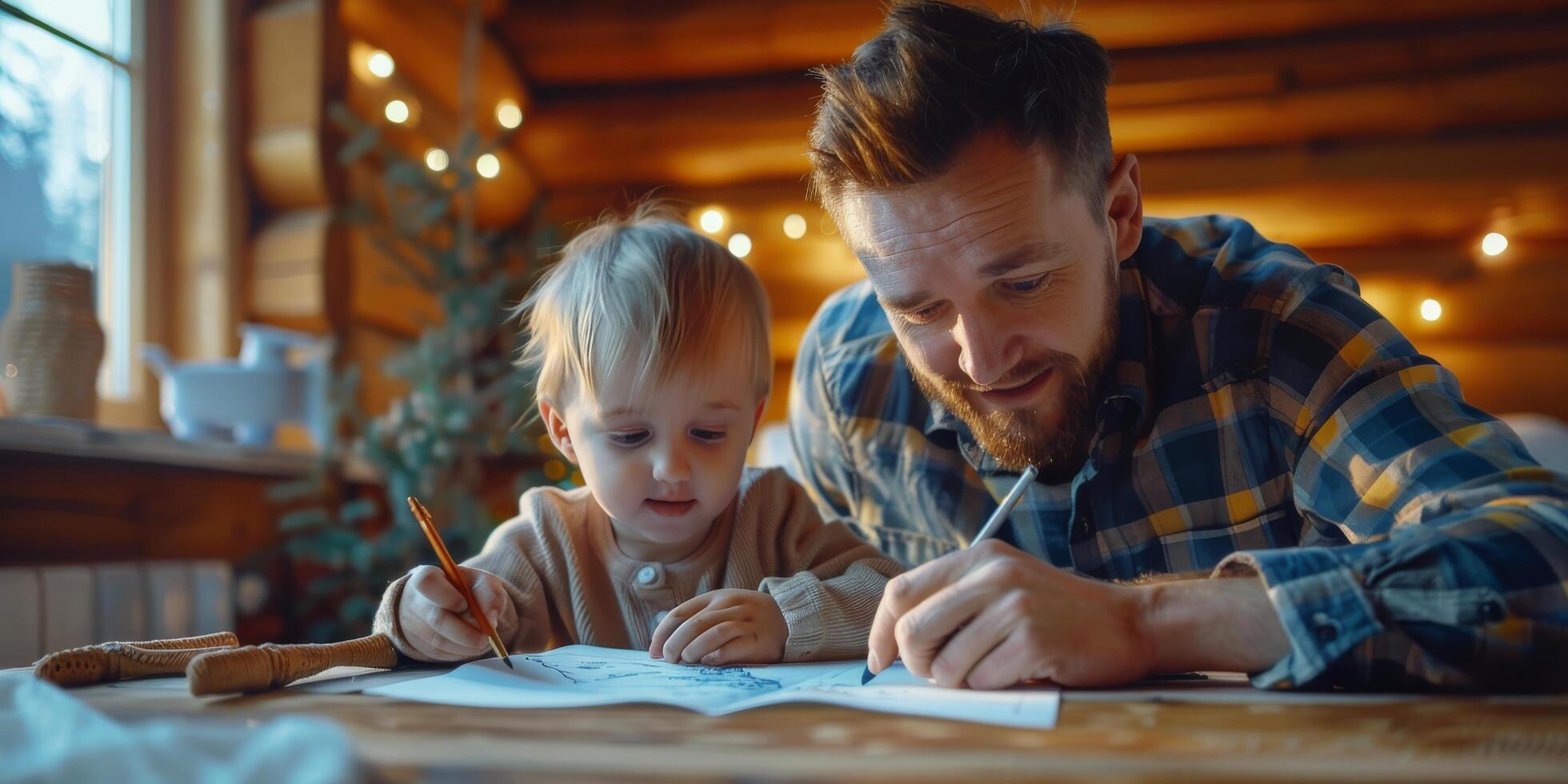 ai generado hombre y niño sentado a mesa foto