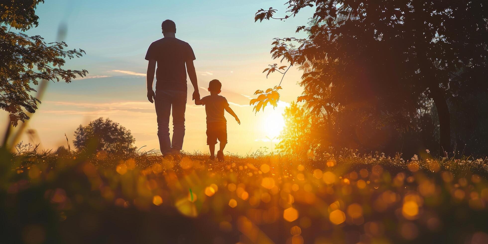 AI generated Man and Child Walking in Field at Sunset photo