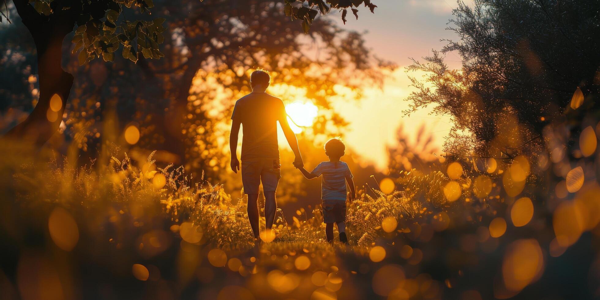 AI generated Man and Child Walking in Field at Sunset photo