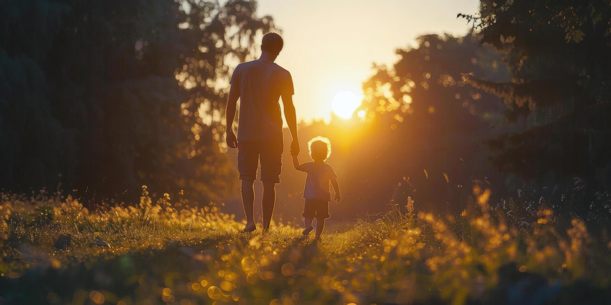 AI generated Man and Child Walking Through Field at Sunset photo