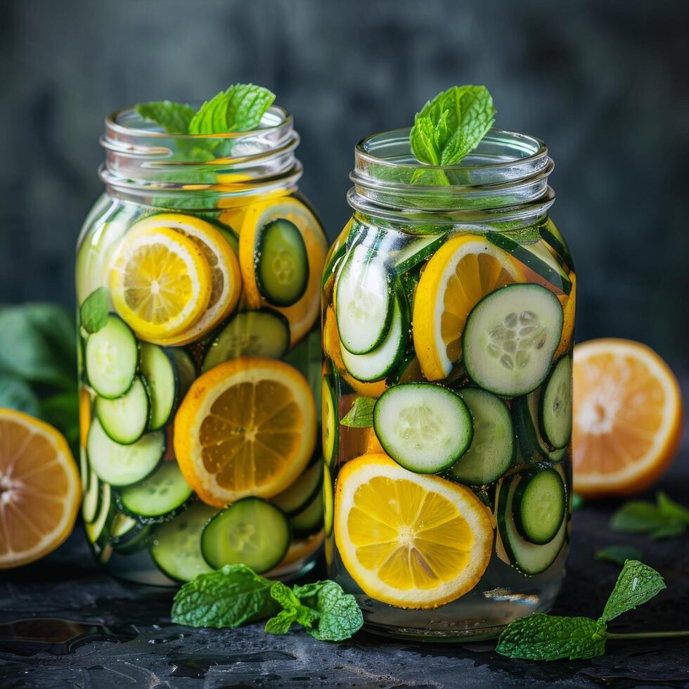 ai generado Tres masón frascos lleno con pepinos y limón rebanadas foto