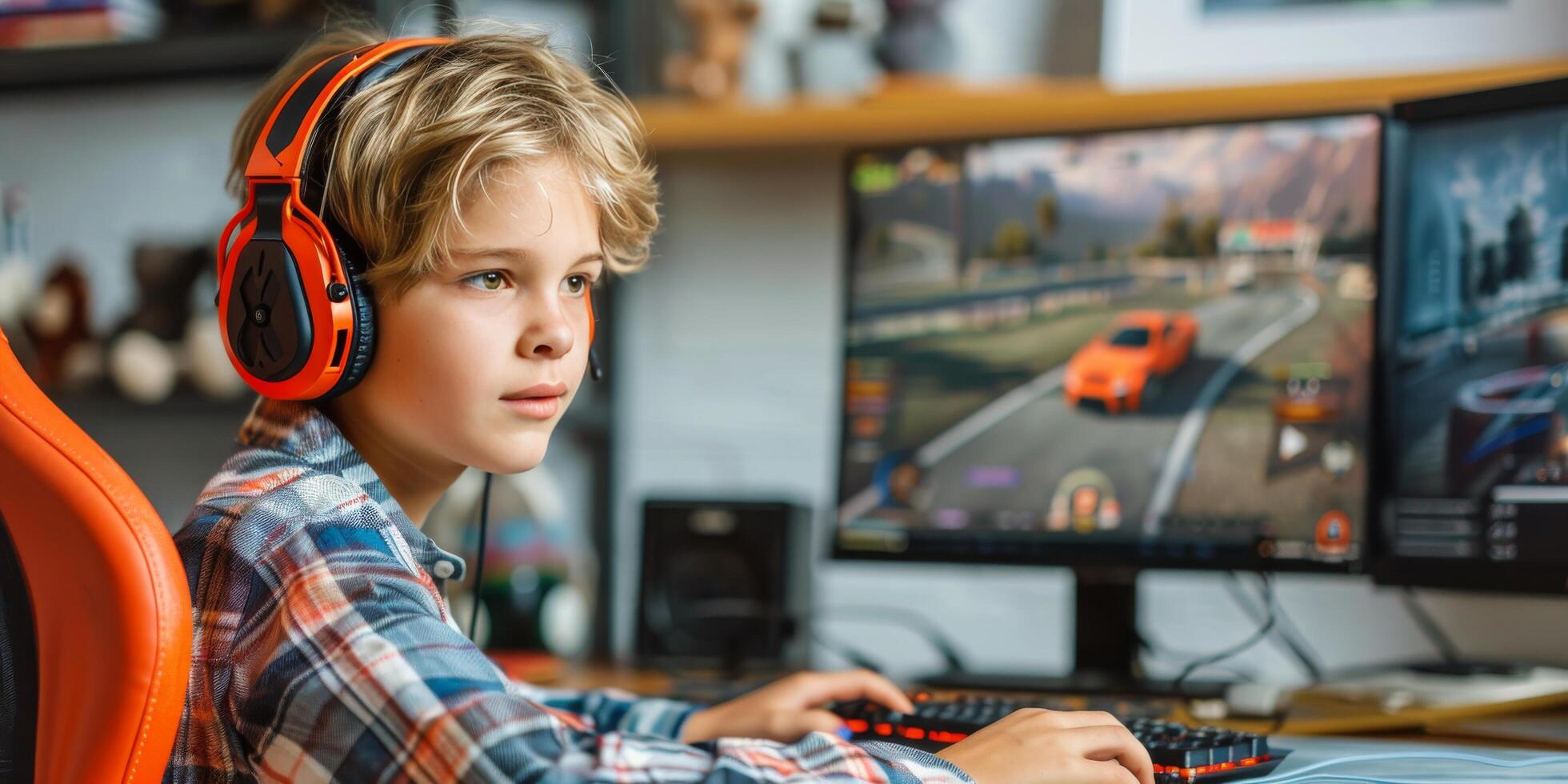 AI generated Young Boy With Headphones Using Computer photo